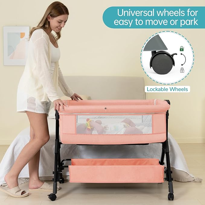 Baby Bassinet Sleeper, Adjustable Baby Crib, Rocking Bassinets Bedside Sleeper, Easy to Fold Portable Crib Side Bassinet with Breathable Mesh and Wheels (Pink)