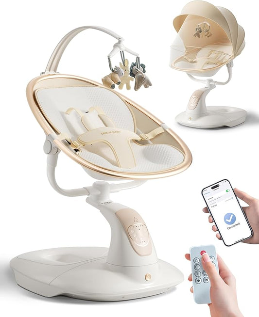 Baby Swing for Infants to Toddler, Electric Baby Swing with Sturdy Shield-Shaped Base, 180° Rotation Portable Infant Swing with 5 Speeds & 12 Lullabies for Newborn Baby Boy Girl Up to 20 lbs, White