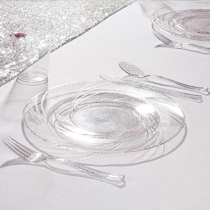 WDF 100 PACK Silver Glitter Plastic Disposable Cups - 12 Oz, BPA-Free, Heavy Duty, Ideal for Parties, Weddings, Daily Use