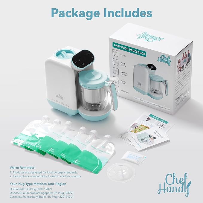 Chefhandy 5-in-1 Baby Food Maker with Steam Basket & Touch Screen | Baby Food Processor and Steamer | Auto Steam, Blend, Milk Warmer | Baby Steamer & Blender for Healthy Homemade(White Blue)