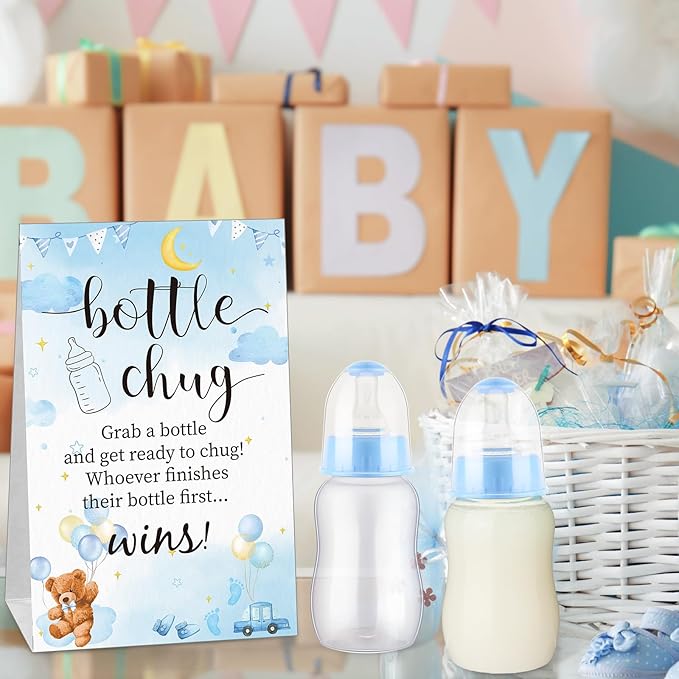 TrelaCo Bottle Chug Baby Shower Game 20 Pcs Baby Bottles Shower Favor with 1 Cute Bear Theme Sign for Gender Reveal Party Supplies Gifts(Blue)