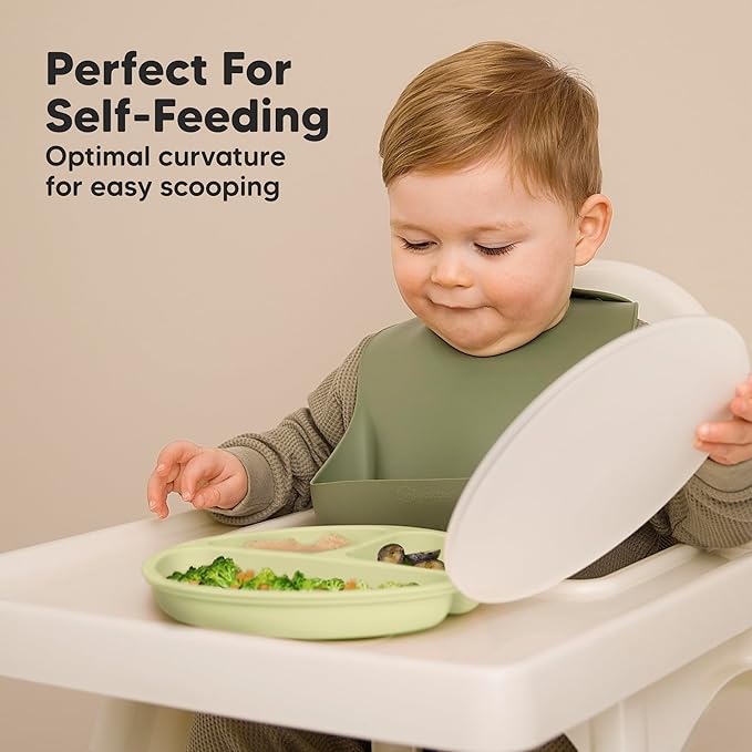 KeaBabies Suction Plates with Lids for Baby - 3-Pack 100% Silicone Toddler Plates with Suction, Divided, BPA-Free Baby Led Weaning Essentials for Kids, Dishwasher, Microwave Safe, Durable (Olives)