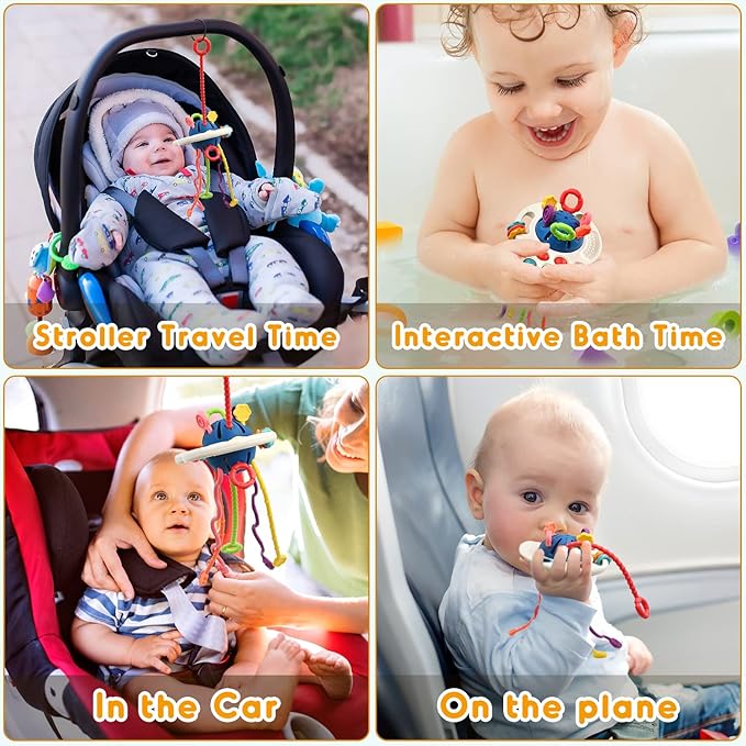 AiTuiTui Sensory Montessori Baby Toys 6-12 Months, Infant Toddler Travel Toys for 1 2 Year Old Boy Girl Birthday Gifts, Soft Teething String Fidget Educational Learning for 9 10 18 Months, Blue