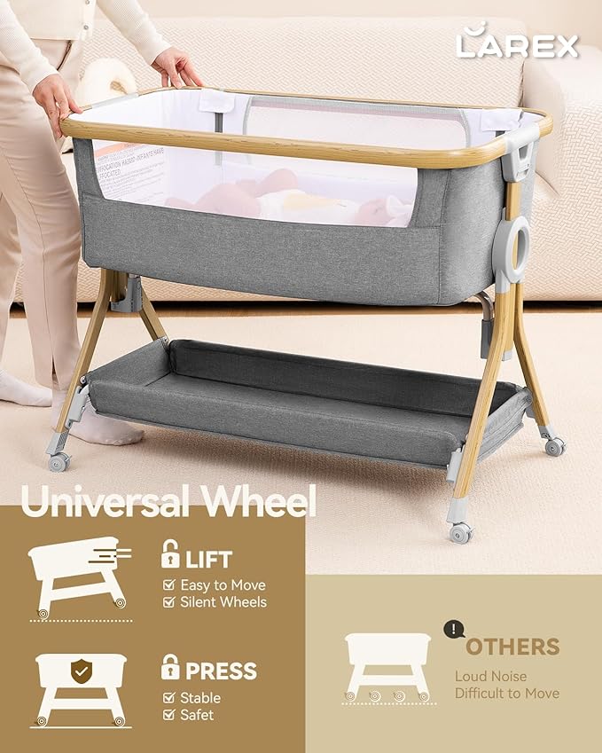 Larex Baby Bassinet Bedside Sleeper for Baby, Baby Crib Bed for Newborn Infant, Bedside Bassinet with Wheels, 5 Adjustable Height, Mosquito Net, Breathable Mattress and Mesh, Storage Basket and Bag