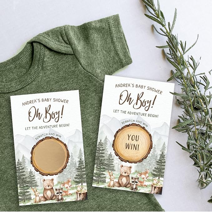 Printed Party Woodland Baby Shower Games – Scratch Off Game with Adorable Forest Animals, Nature Adventure Theme for Boy, 30 Cards & Stickers