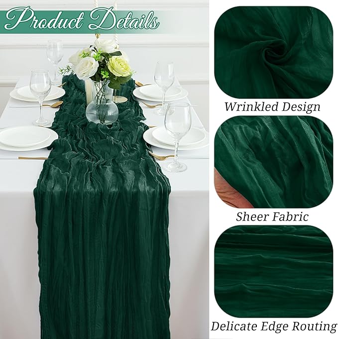 12Pack Emerald Green Table Runner 35 x 120 inch Cheesecloth Table Runner 10FT Boho Table Runners Rustic Gauze Cheese Cloth Table Runners for Party Wedding Birthday Dining Bridal Baby Shower Decor