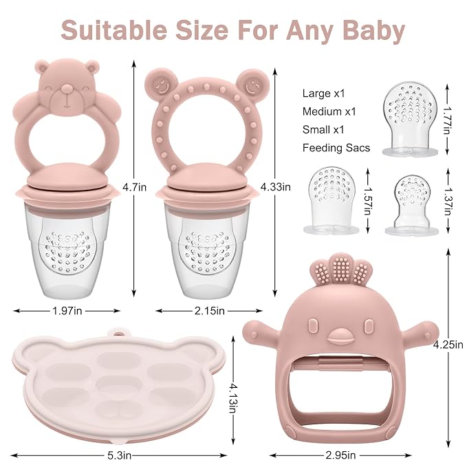 Baby Silicone Fruit Food Feeder Pacifier & Breastmilk Popsicle Freezer Molds,BPA Free Baby Food Storage Containers Frozen Ice Tray for Baby Feeding Safely, Infant Fruit Teething Toy (Pink)