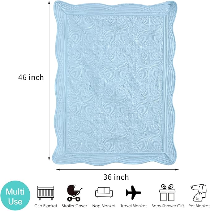 MONOBLANKS Baby Quilt Personlized Monogram Lightweight Embossed Scalloped Throw Blanket Four Seasons (Light Blue)
