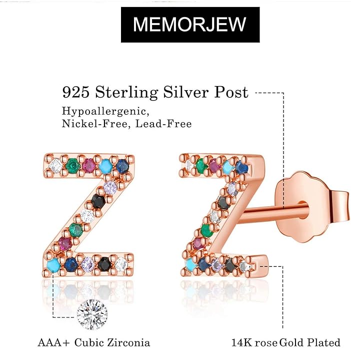 Memorjew Initial Stud Earrings for Women, Hypoallergenic 925 Sterling Silver Post Rainbow Cubic Zirconia Gold Plated 26 Initial Earrings for Women Jewelry Gifts