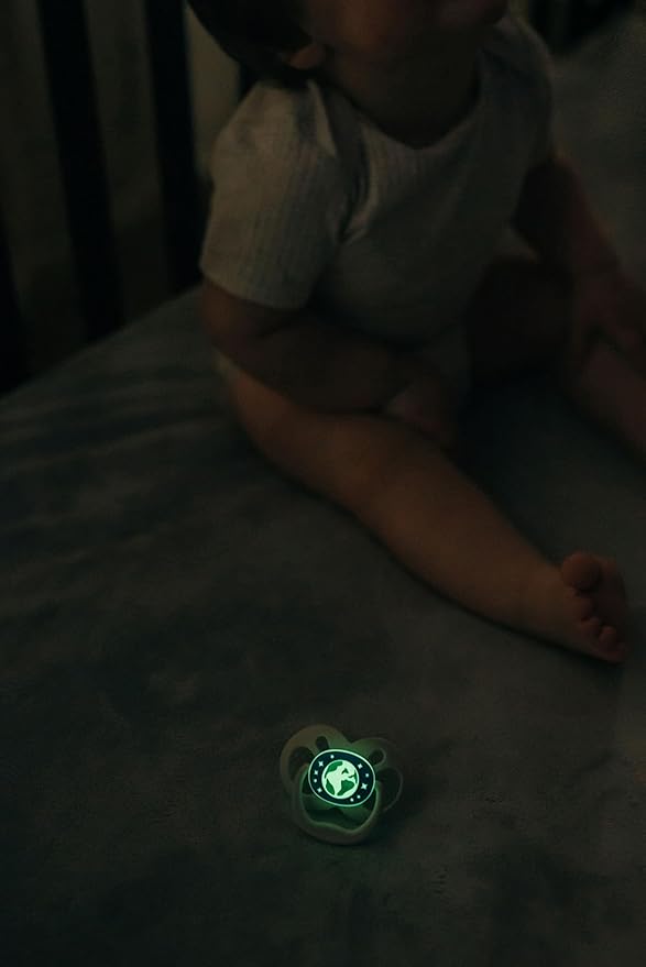 Dr. Brown's Advantage Glow-in-the-Dark Baby Pacifier, Fully Symmetrical Soother with Soft Silicone Bulb, Scooter Squirrel-Purple Nature, 6-18m, BPA Free, 4 Pack