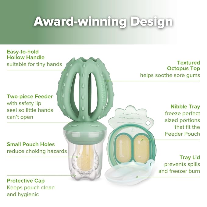 Haakaa Octopus Baby Fruit Food Feeder & Mini Freezer Nibble Tray Combo, Breastmilk Popsicle Molds for Cooling Relief, BPA Free Silicone Feeder for Safe Infant Self Feeding, 4 Month+(Pea Green)