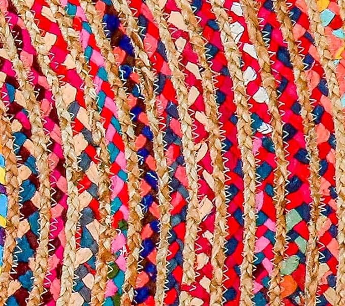 Hausattire Bohemian Braided Rug 4' Round - Multi Color, Circle Farmhouse Jute Cotton Area Rag Rug for Kitchen, Kids Bedroom, Playroom | Colorful Hand Woven Reversible Pet Friendly Carpet