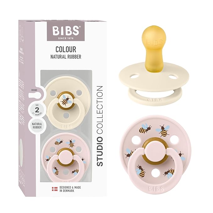 BIBS Colour Studio Soother 2-Pack, BPA Free Dummy Pacifier, Round Nipple. Natural Rubber Latex, Made in Denmark, Size 2 (6-18 Months), Ivory/Petal