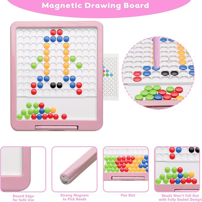 Magnetic Drawing Tablet, Magnetic Doodle Board for Kids with Dot Beads and Pattern Book, Montessori Educational Travel Toy for Boys and Girls 3 4 5 6 Years Old (Pink)