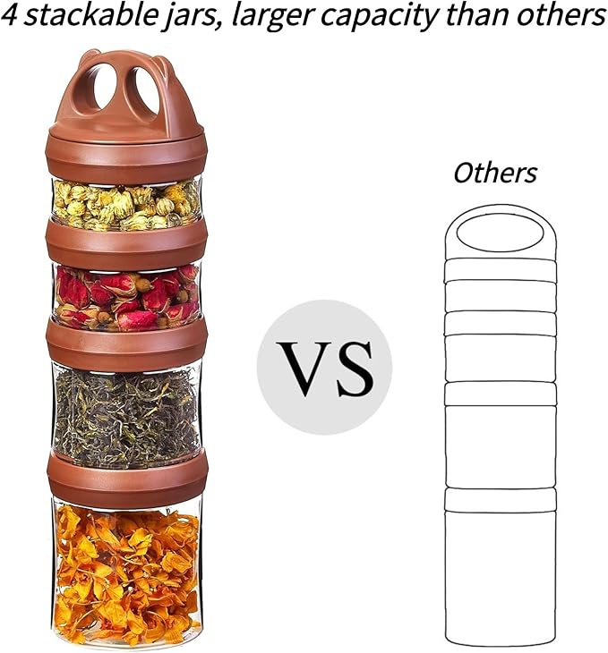 SELEWARE Portable Stackable Food Storage Containers for Snacks Formula Powder and Drinks Twist Lock System Airtight Leak-proof BPA and Phthalate Free 4 Piece Jars 31oz Brown