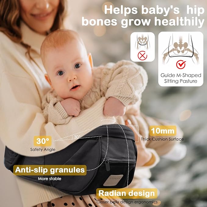 Baby Hip Seat Carrier, Adjustable Waistband with 3D Abdominal Support & Various Pockets Ergonomic Carrier for Newborns to Toddlers up to 33l bs Medium Black