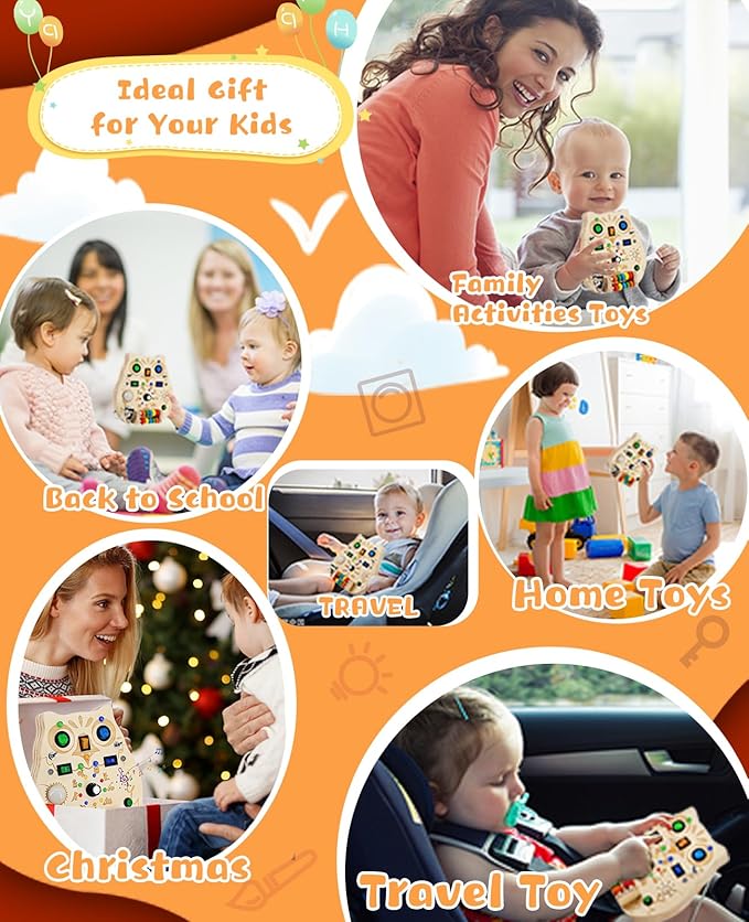 Busy Board Montessori Wooden Sensory Toy with LED Light Switches, Music, Toddler Light Switch Activity Travel Toys for 1 2 3 Year Old Boys Girls Toddler Toys Gifts