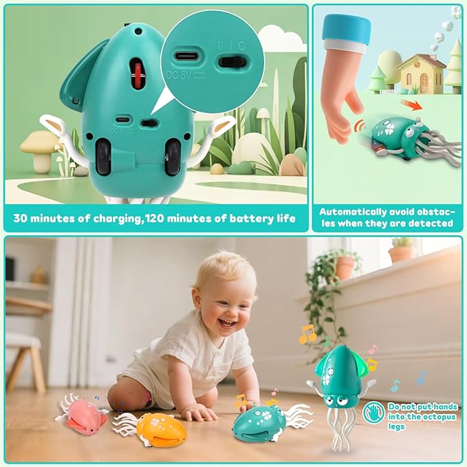 Dancing Octopus Baby Toy, Electric Crawling Squid with Obstacle Avoidance, Infant Light up Music Toys for 3 4 5 6 7 Year Old Kids, Rechargeable Tummy Time Toy Boy Girl Birthday Gifts (Green)