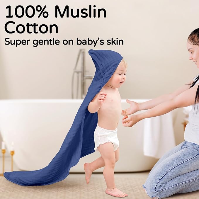 Yoofoss Hooded Baby Towels for Newborn 2 Pack 100% Muslin Organic Cotton Baby Bath Towel with Hood for Babies, Infant, Toddler and Kids, 32x32Inch, Soft and Absorbent Newborn Essential, Navy Dinosaur