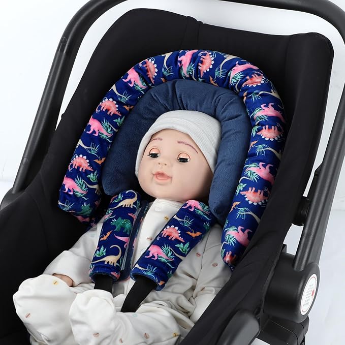 SWESEN Baby Car Seat Head Support, Super Soft 2 in 1 Infant Car Seat Insert, Reversible Newborn Car Seat Insert Cushion with Strap Covers for Strollers, Bouncers, Swing, Navy Dinosaur