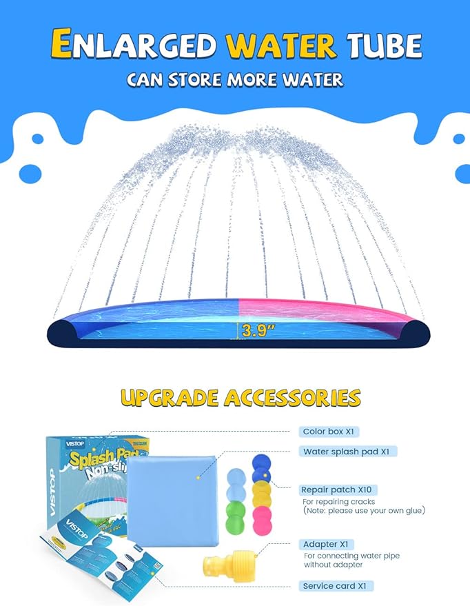 VISTOP Non-Slip Splash Pad for Kids and Dog, Thicken Sprinkler Pool Summer Outdoor Water Toys - Fun Backyard Fountain Play Mat for Baby Girls Boys Children or Pet Dog (87 inch, Red&Yellow&Green&Blue)