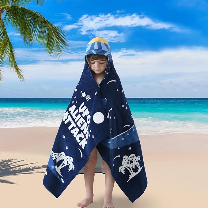 VOOVA & MOVAS Toddler Bath Towel with Hood for Kids Age 3-10, 30''X50, Soft | Thick | Absorbent Cotton Wrap Blanket, Beach, Pool, Swim | Bath Use, Dinosaur Under The UFO