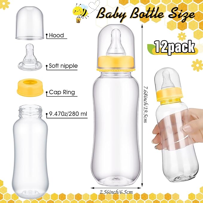 TrelaCo Cool Baby Shower Games Wooden Bottle Chug Sign Bee Theme Gift Sets and 12 Pcs Baby Bottle Shower Favor for Honeycomb Bee Games Gender Reveal