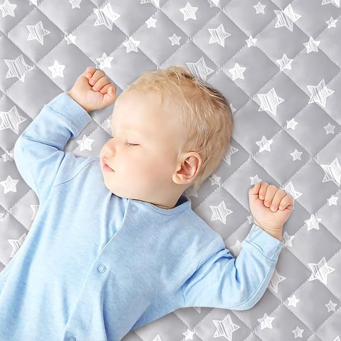 Waterproof Pack and Play Mattress Pad Protector 39" x 27" 2 Pack, Compatible with Graco Pack n Play, Playard Mattress Protector, Grey & White Star