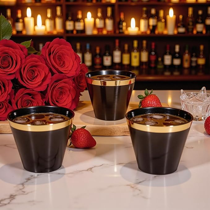 supernal 200 Pcs Gold and Black Plastic Cups-9oz Heavy Duty Plastic Cups,Gold Rimmed Disposable Cups,Disposable Wine Glasses Perfect for Wedding,Birthday Parties,Thanksgiving,Christmas