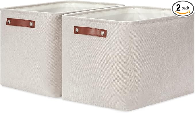 HNZIGE Large Canvas Baskets 16"×11.8"×11.8" Decorative Storage Bins with Leather Handles (2 Pack) Collapsible Rectangle Storage Baskets for Organizing Clothes, Toy, Books, Sundries, Tools(Cream)