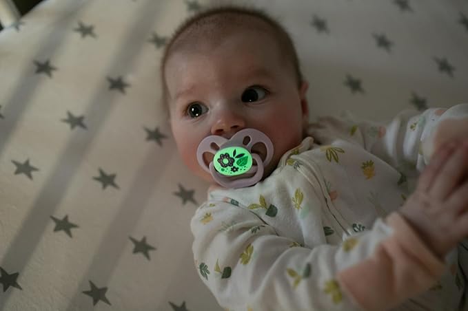 Dr. Brown's Advantage Glow-in-the-Dark Baby Pacifier, Fully Symmetrical Soother with Soft Silicone Bulb, Scooter Squirrel-Purple Nature, 6-18m, BPA Free, 4 Pack