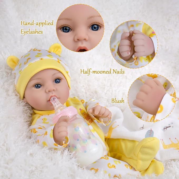 Aori Realistic Reborn Baby Dolls - 18 Inch Lifelike Newborn Girl Doll with Yellow Outfit & Feeding Set, Gift for Girls Kids Toddlers