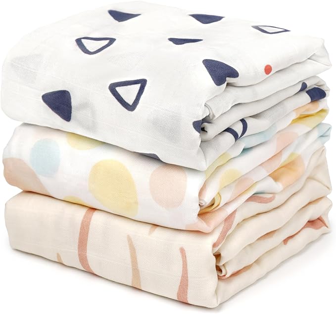 HECCEI Muslin Swaddle Blankets - 3 Pack Baby Muslin Blanket Large Swaddles 47 x 47 inches Breathable & Soft Baby Receiving Blanket Gender Neutral for Newborn Boys Girls, Aqua Dreams