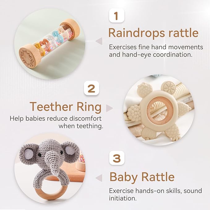 Youuys Wooden Baby Rattle Set (3pcs) - Crochet Rattle Rain Stick Teething Toys, Wooden Montessori Toy for Newborn Infant Baby Rattles Set Toys 3-6-12 Months (Gray Elephant)