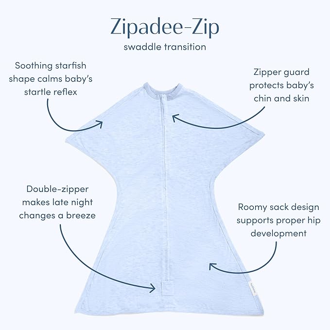 SleepingBaby Zipadee-Zip Transition Swaddle - Cozy Baby Swaddling Blanket with Zipper Convenience - Roomy Wearable Blanket for Easy Diaper Changes - 4-8 Month - Baseline Blue Heather