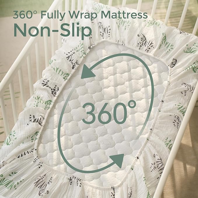 Momcozy Best Wishes Muslin Fitted Mini Crib Sheets, 38''x26'', 2 Pack Soft Breathable Natural Cotton Baby Mattress Sheet, 360° Mattress Wrapping Boys Girls Neutral Toddler Bed Sheett, Bravery Zebra