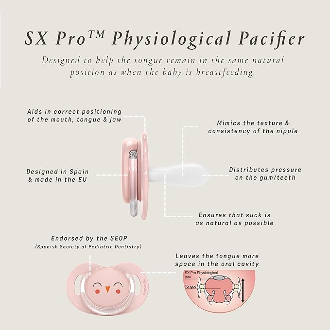 Suavinex Bonhomia SX PRO Physiological Pacifier, Supports Breastfeeding Babies, Pacifiers 6-18 Months, 2 Pack Baby Pacifier, Baby Accessories, (Mint/Beige)
