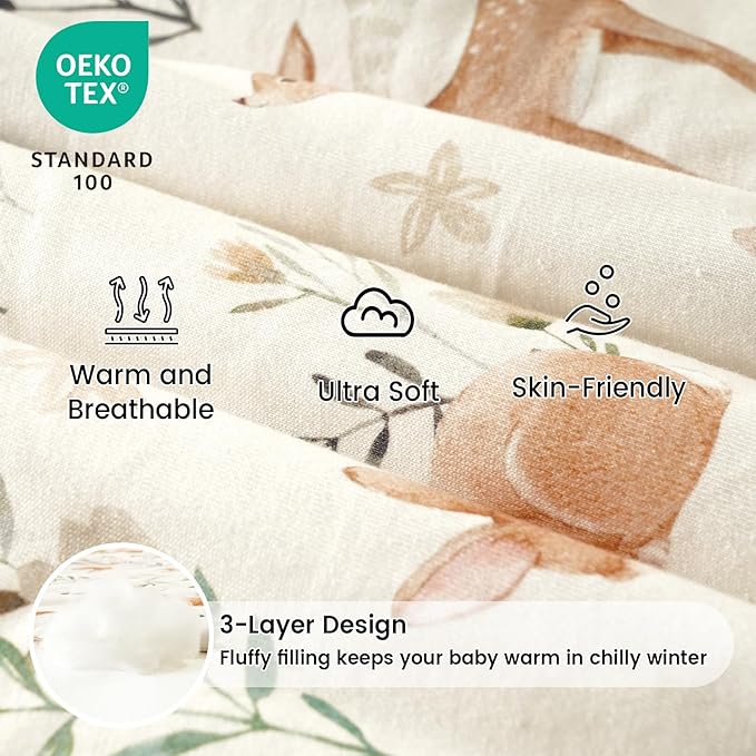PHF 100% Cotton Baby Sleep Sack 6-12 Months, 2.5 TOG Winter Baby Wearable Blanket with 2-Way Zipper, Warm Comfy Quilted Sleeping Bags, Infant Sleeping Sack for Newborn Boys, Medium Size, Woodland