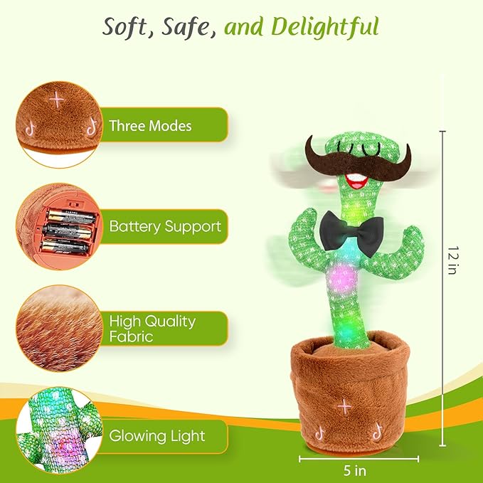 Dancing Cactus Toy, Talking Cactus Toys, Volume Adjustable Easter Gift for Baby Girls Boys Kids 1 2 3 6 9 12 Year Old, Repeat What You Say Toy of Easters Gifts-Black Tie
