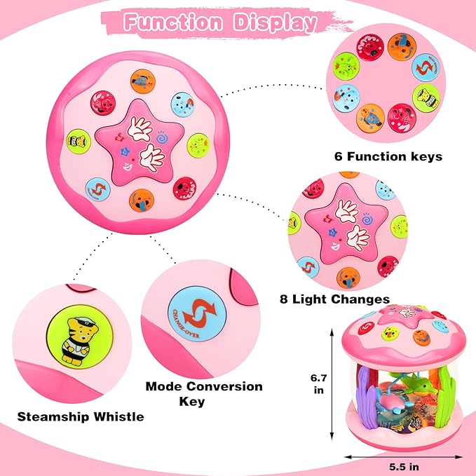 Hapyland Baby Toys 6-12 Months Girl Gifts: Babies Ocean Rotating Light Up Musical Toys for Toddlers 1 2 Year Old Crawling Learning Infant Toy 6 7 8 9 10 11 12 Months Old Baby Girl Gift (Pink)