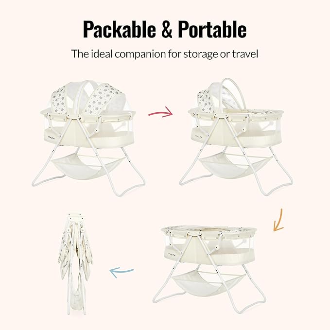 Dream On Me Karley Bassinet in French White, Lightweight Portable Baby Bassinet, Quick Fold and Easy to Carry , Adjustable Double Canopy, Indoor and Outdoor Bassinet with Large Storage Basket.