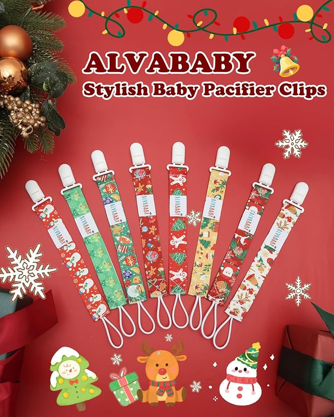ALVABABY Pacifier Clip 8 Pack Binky Paci Clip Holder Leashes for Newborn Baby Boys Girls Christmas 8DBP03-DA