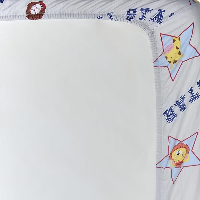 EVERYDAY KIDS 2 Pack Fitted Boys Crib Sheet, 100% Soft Breathable Cotton Baby Sheet, Fits Standard Size Crib Mattress 28in x 52in, Nursery Sheet with Giraffe, Elephants Sports Theme and Solid Blue