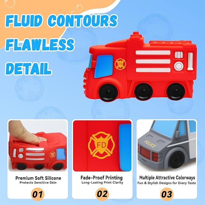 Mold Free Bath Toys, 6 Packs No Hole Baby & Toddler Bathtub Toys: Water Floating Vehicles Truck School Bus Car Toy, Sealed Soft Silicone Rubber Bath Toys for Kids ages 0+ (with Mesh Storage Organizer)