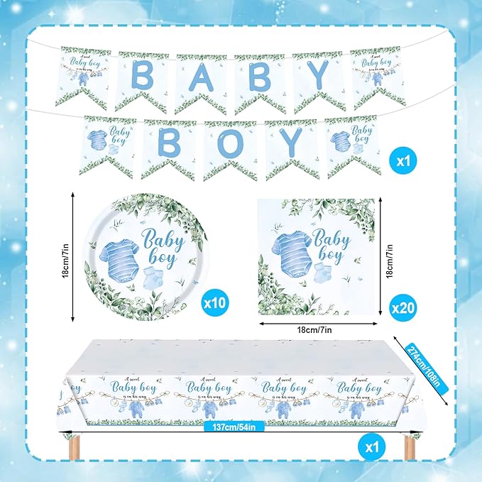 Baby Boy Shower Decorations Tableware Set, Disposable Plates Napkins, Tablecloth and Banner, for Baby Boy Baby Shower Decorations (Blue Tableware Set)