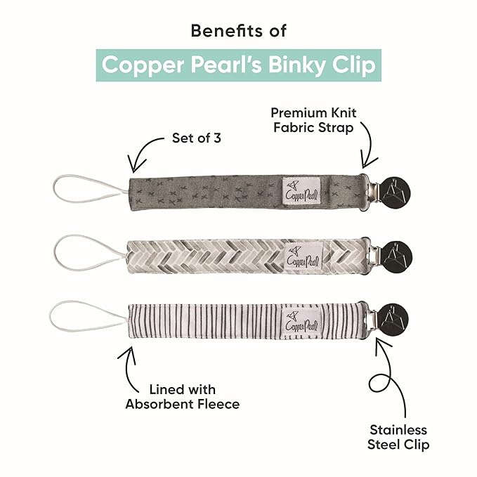 Copper Pearl Pacifier Clip 3-Pack: Premium Knit Binky Clips for Baby Girls and Boys - Stylish Stainless Steel Pacifier Holder Clip - Baby Pacifier Clips for No More Floor Drops - Bridger