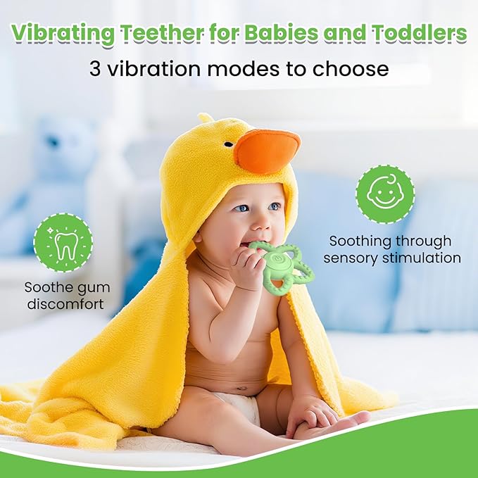 Vibrating Sensory Chew Toy - Dual Use Teethers for Babies 3-6 Months/6-18 Months & Autism Chew Toys, Baby Teething Toys with 3 Vibration Modes, Sensory Toys for Kids with Autism(Green)