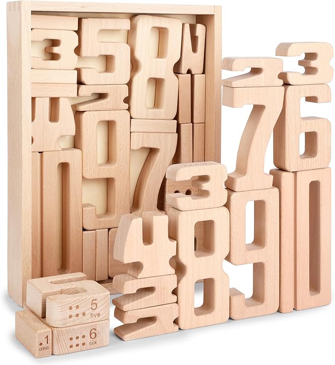 Wooden Number Building Blocks, Large Digit Blocks 1-10, 32 Pcs Math Blocks Number Toys for Kids, Educational Blocks for Toddlers, Toys to Learn Numbers for 3 Year Olds +