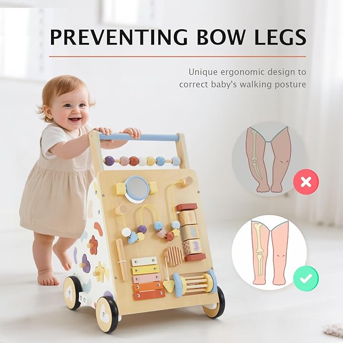 Wooden Baby Walker, Baby Push Walker, Montessori Walker Toy for Babies 12M+ Learning to Walk & Sit-to-Stand, Adjustable Speed Walkers for Boys, Baby Activity Center with Sensory Toy for Girls
