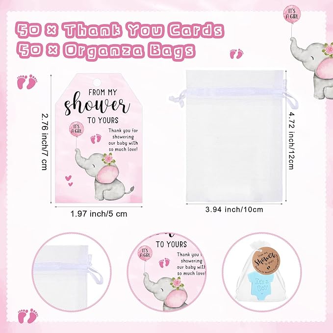 50 Sets Baby Shower Soap Favors for Guests Boy Girl Mini Handmade Scented Soaps with Thank You Tags and Organza Bags for Shower Gender Reveal Party Favors (It's A Girl,Pink Elephant)